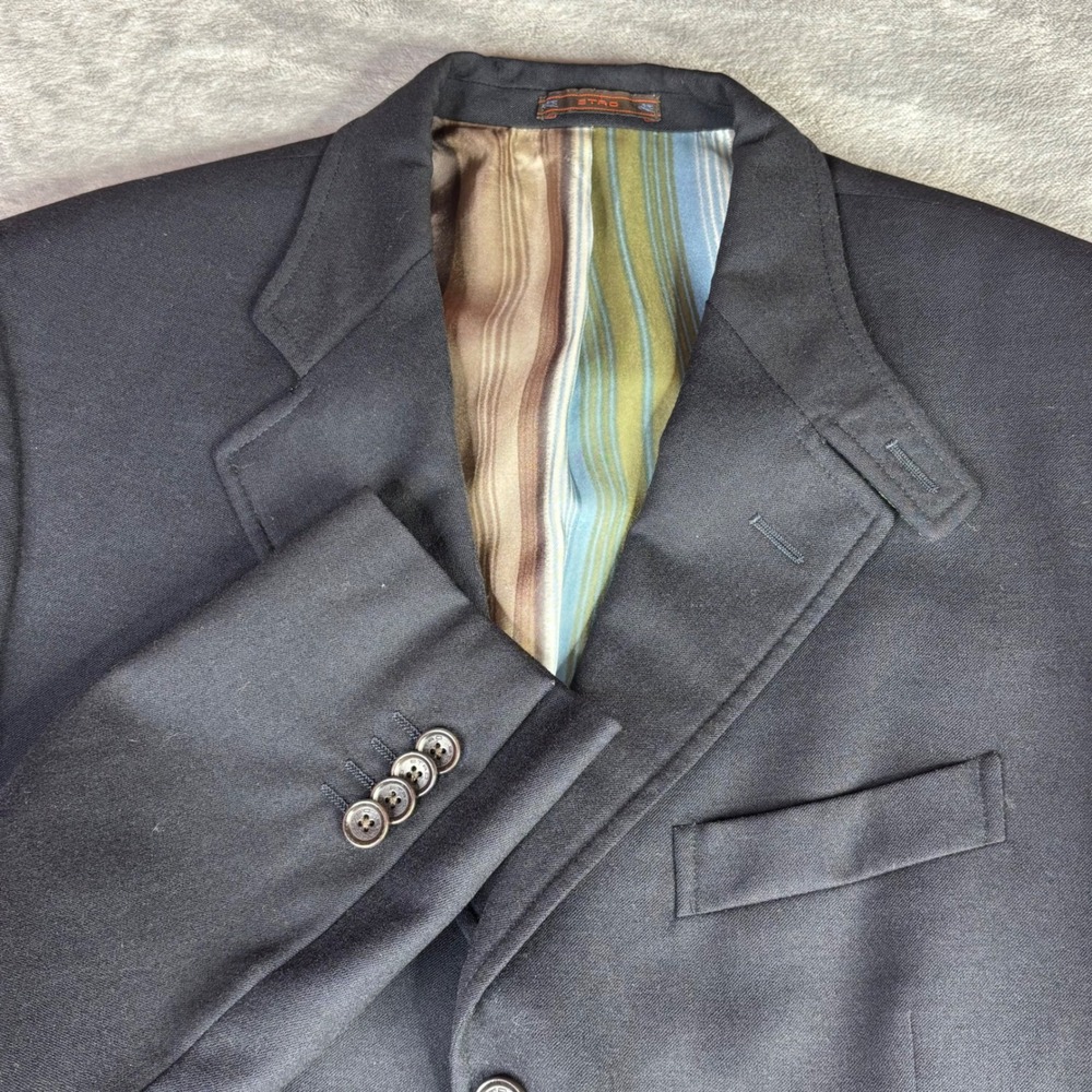 Etro Milano Blazer Men 40R Black Solid 3-Button Wool Striped Silk Lining Italy50